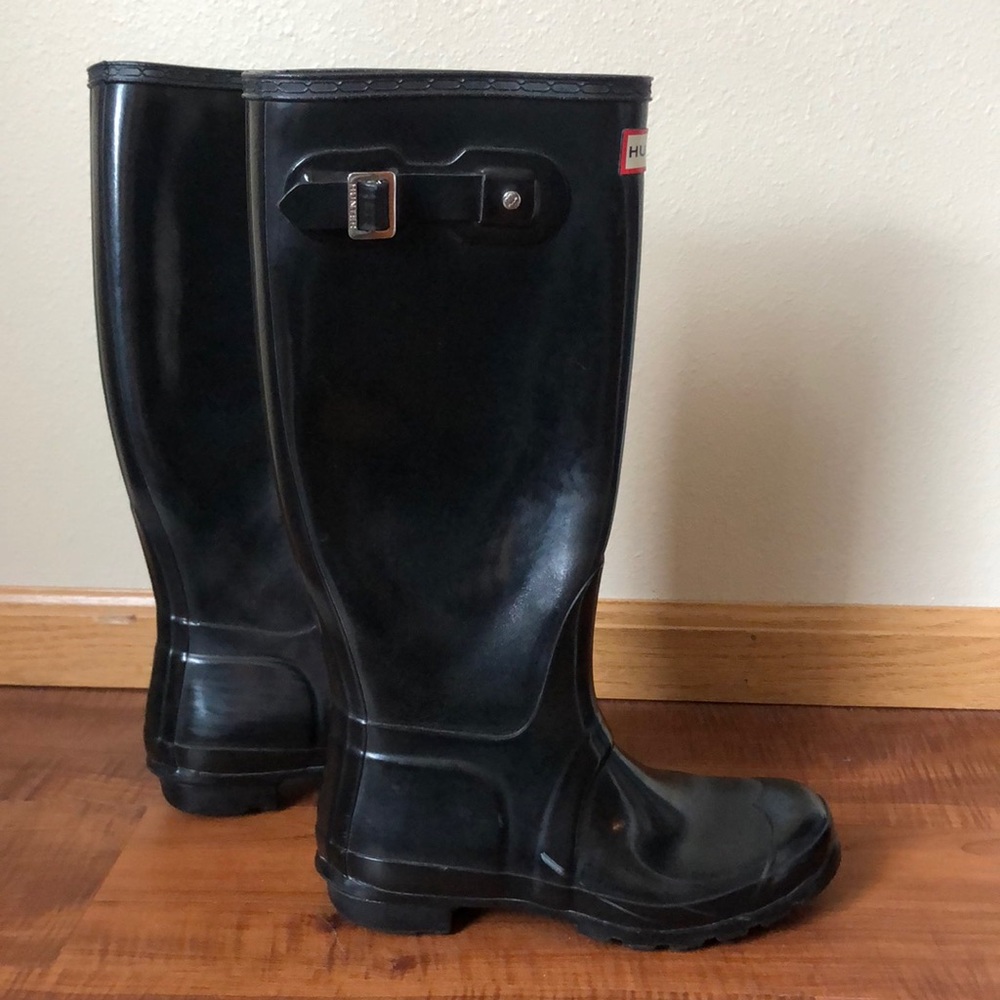 Tall Shiny Black Hunter Rain Boots Size 7